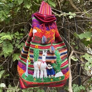 Peruvian Handwoven Tapestry Alpaca Wool Drawstring Large Colorful Backpack 16”